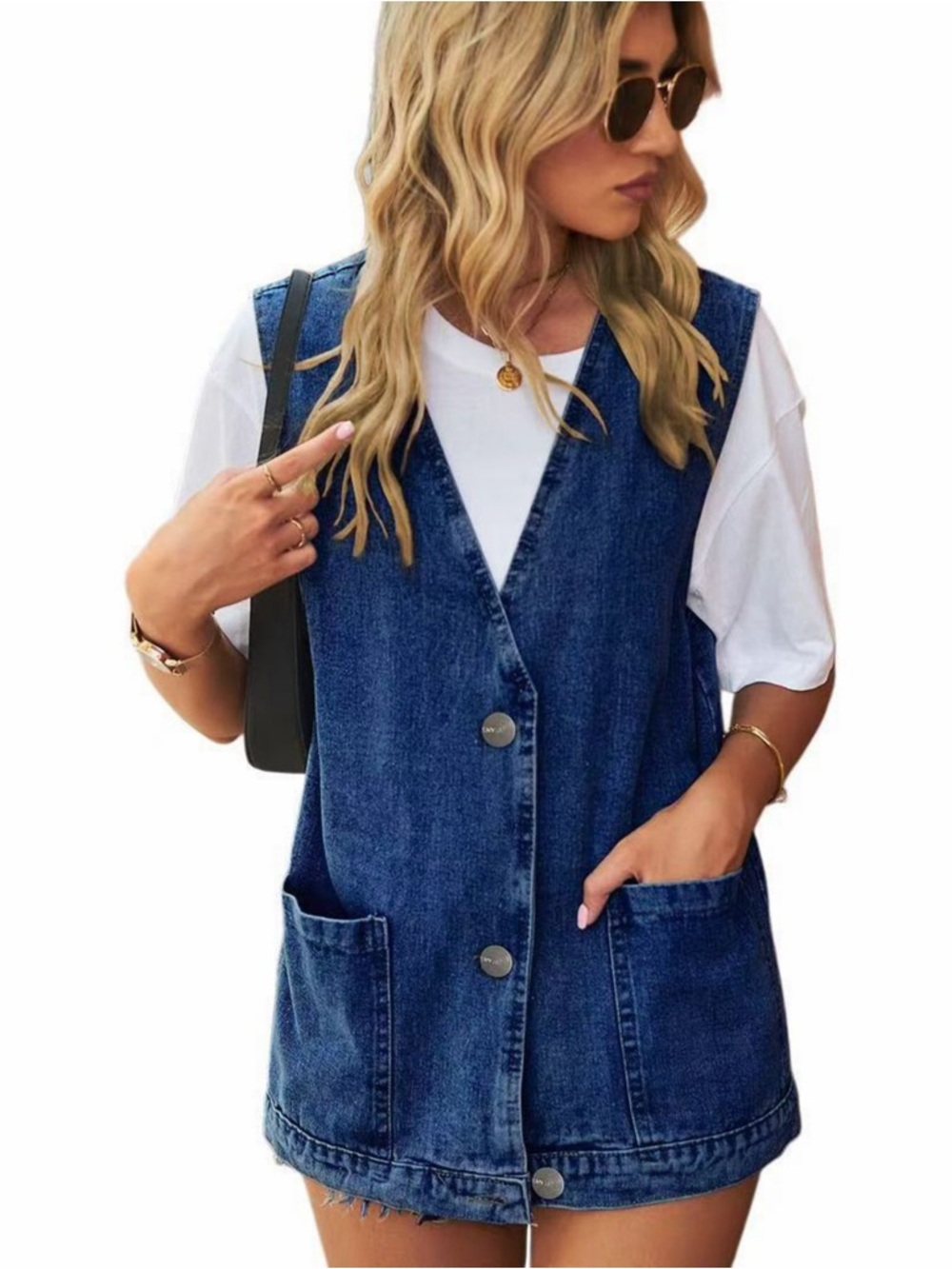 Denim Button Front Vest - Blue